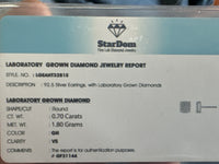 .70 CARAT STERLING SILVER GOLD PLATED 7 MM CERTIFIED LAB GROWN DIAMONDS STUDS EARRINGS