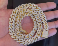 25.50 CARAT STERLING SILVER GOLD PLATED 175 GRAMS 22 INCHES 12 MM LAB GROWN DIAMONDS CUBAN CHAIN NECKLACE