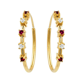 .15 CARAT CERTFIED LAB GROWN DIAMONDS & RUBY STERLING SILVER GOLD PLATED 20 MM EARRINGS HOOPS