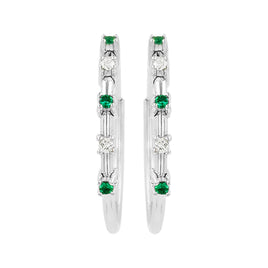 .15 CARAT CERTFIED LAB GROWN DIAMONDS & EMERALD STERLING SILVER RHODIUM PLATED 20 MM EARRINGS HOOPS