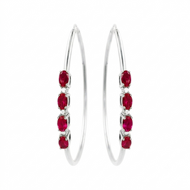 2.04 CARAT CERTFIED LAB GROWN DIAMONDS & RUBY STERLING SILVER RHODIUM PLATED 50 MM EARRINGS HOOPS