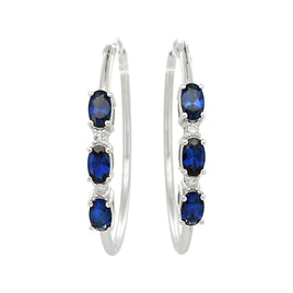 1.61 CARAT CERTFIED LAB GROWN DIAMONDS & SAPPHIRE STERLING SILVER RHODIUM PLATED 32 MM EARRINGS HOOPS