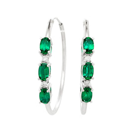 1.25 CARAT CERTFIED LAB GROWN DIAMONDS & EMERALD STERLING SILVER RHODIUM PLATED 32 MM EARRINGS HOOPS