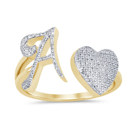 10K YELLOW GOLD .25 CARAT WOMENS NATURAL DIAMOND HEART & LETTER INITIAL A RING