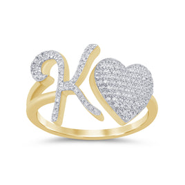 10K YELLOW GOLD .25 CARAT WOMENS NATURAL DIAMOND HEART & LETTER INITIAL K RING