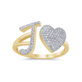 10K YELLOW GOLD .25 CARAT WOMENS NATURAL DIAMOND HEART & LETTER INITIAL J RING