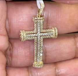 10K YELLOW GOLD 1.10 CARAT 1.50 INCHES REAL DIAMOND MEN CROSS PENDANT WITH 18 INCH GOLD CHAIN