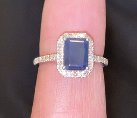 10K WHITE GOLD 2 CARAT DIAMOND & EMERALD CUT BLUE SAPPHIRE RING