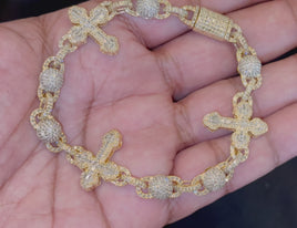 10K YELLOW GOLD 6 CARAT REAL DIAMOND 23.22 GRAMS 8 INCHES 20 MM CROSS BRACELET