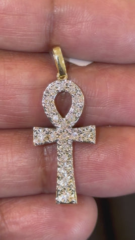 10K YELLOW GOLD .20 CARAT 1.40 INCHES NATURAL DIAMOND ANKH CROSS PENDANT CHARM