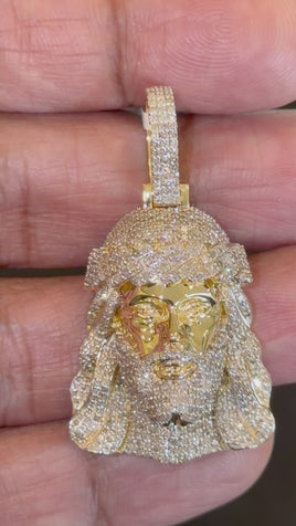 10K YELLOW GOLD 2.75 CARAT 1.75 INCHES NATURAL DIAMOND JESUS HEAD PENDANT CHARM