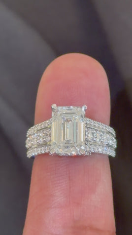 14K WHITE GOLD 5 CARAT EMERALD & ROUND LAB GROWN DIAMONDS ENGAGEMENT WEDDING RING