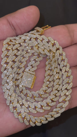 11.68 CARAT LAB GROWN DIAMONDS STERLING SILVER GOLD PLATED 22 INCHES 71.89 GRAMS 9 MM CUBAN LINK CHAIN NECKLACE