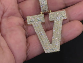 .75 CARAT NATURAL DIAMONDS STERLING SILVER WITH YELLOW GOLD PLATING LARGE 2.50 INCHES LETTER V CHARM PENDANT