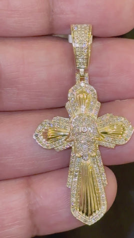 10K YELLOW GOLD 1 CARAT NATURAL DIAMONDS 2 INCHES CROSS PENDANT CHARM
