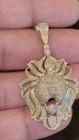 10K YELLOW GOLD 2 CARAT NATURAL DIAMOND 2 INCHES LION HEAD PENDANT CHARM