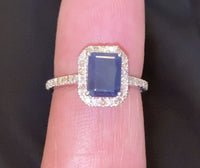 
              10K WHITE GOLD 2 CARAT DIAMOND & EMERALD CUT BLUE SAPPHIRE RING
            
