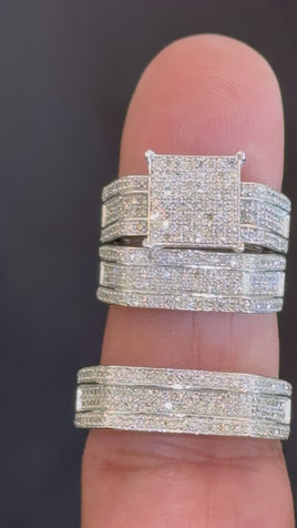 10K WHITE GOLD 1.25 CARAT MEN WOMEN DIAMOND TRIO ENGAGEMENT WEDDING RING BAND SET