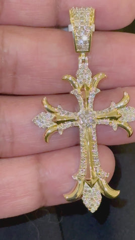 10K YELLOW GOLD 1.50 CARAT NATURAL DIAMONDS 2.25 INCHES CROSS PENDANT CHARM