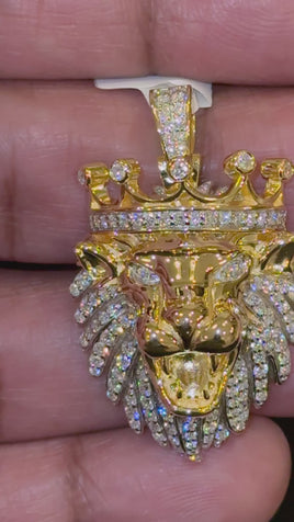 1.50 CARAT LAB GROWN DIAMONDS STERLING SILVER GOLD PLATED 1.50 INCHES LION HEAD PENDANT