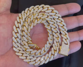 25.50 CARAT STERLING SILVER GOLD PLATED 175 GRAMS 22 INCHES 12 MM LAB GROWN DIAMONDS CUBAN CHAIN NECKLACE