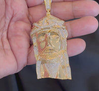 
              2.25 CARAT 3.5" STERLING SILVER YELLOW GOLD DIAMOND JESUS FACE HEAD CROSS CHARM PENDANT
            