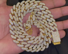 32.07 CARAT STERLING SILVER GOLD PLATED 219.28 GRAMS 22 INCHES 14 MM CERTIFIED LAB GROWN DIAMONDS CUBAN CHAIN NECKLACE