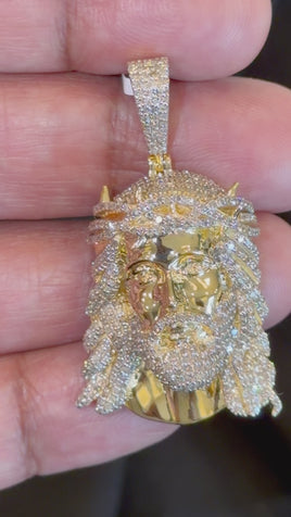 10K YELLOW GOLD 2.50 CARAT NATURAL DIAMONDS 1.85 INCHES JESUS HEAD PENDANT CHARM