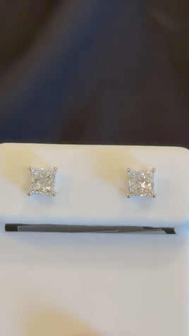 14K WHITE GOLD .85 CARAT 4 MM PRINCESS LAB GROWN DIAMONDS SOLITAIRE STUDS EARRINGS
