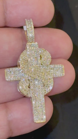 10K YELLOW GOLD 2 CARAT NATURAL DIAMONDS 2 INCHES CROSS PENDANT CHARM