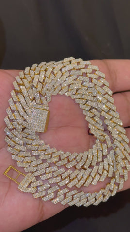 15.98 CARAT LAB GROWN DIAMONDS STERLING SILVER GOLD PLATED 22 INCHES 73.11 GRAMS 10 MM CUBAN LINK CHAIN NECKLACE