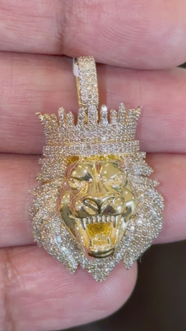 10K YELLOW GOLD 2 CARAT NATURAL DIAMONDS 1.50 INCHES LION HEAD PENDANT CHARM