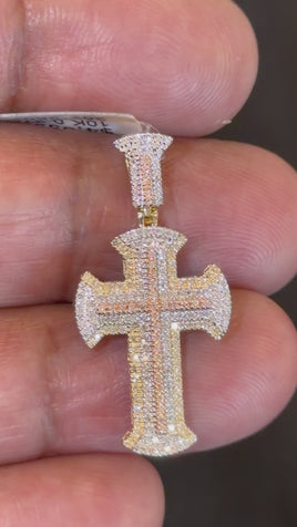 10K WHITE YELLOW ROSE GOLD .35 CARAT 1.25 INCHES NATURAL DIAMOND CROSS PENDANT CHARM