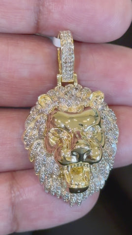10K YELLOW GOLD 1.25 CARAT NATURAL DIAMONDS 1.75 INCHES LION HEAD PENDANT CHARM