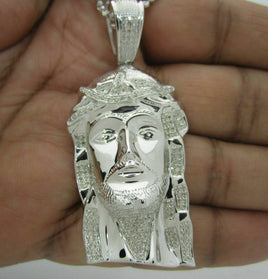 .65 CARAT 2.50 INCHES MEN STERLING SILVER REAL DIAMOND JESUS HEAD CROSS PENDANT CHARM