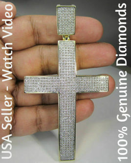 3 CARAT LARGE 4 INCH REAL DIAMONDS STERLING SILVER WITH YELLOW GOLD PLATING CROSS CHARM PENDANT