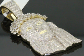 10K YELLOW GOLD 3.50 CARAT REAL DIAMOND 2 INCHES MEN JESUS FACE HEAD CROSS CHARM PENDANT