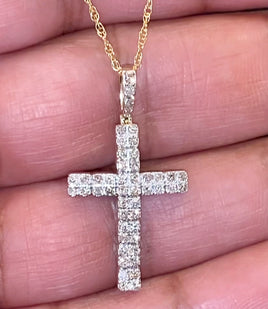 10K YELLOW GOLD .75 CARAT 1.25 INCHES REAL DIAMOND CROSS PENDANT WITH GOLD CHAIN
