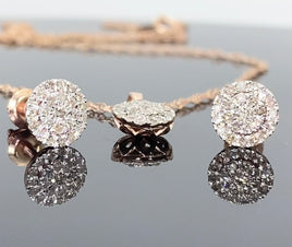 10K ROSE GOLD .60 CARAT REAL DIAMOND 7MM EARRINGS & PENDANT NECKLACE SET WITH ROSE GOLD CHAIN