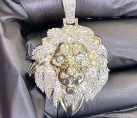 10K YELLOW GOLD 1.75 CARAT REAL DIAMOND 1.75 INCHES LION HEAD PENDANT CHARM