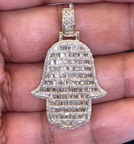 10K YELLOW GOLD 3.25 CARAT REAL DIAMOND 1.50 INCHES HAMSA HAND PENDANT CHARM