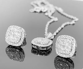 10K WHITE GOLD 1.25 CARAT REAL DIAMOND EARRINGS & PENDANT NECKLACE SET WITH WHITE GOLD CHAIN