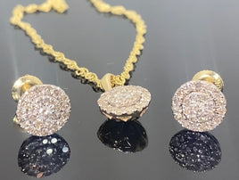 10K YELLOW GOLD .60 CARAT REAL DIAMOND 7MM EARRINGS & PENDANT NECKLACE SET WITH YELLOW GOLD CHAIN