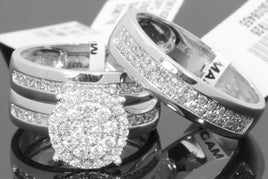 10K WHITE GOLD 1 CARAT MEN WOMEN DIAMOND TRIO ENGAGEMENT WEDDING RING BAND SET