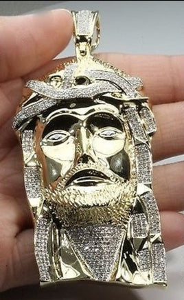 2.25 CARAT 3.5" STERLING SILVER YELLOW GOLD DIAMOND JESUS FACE HEAD CROSS CHARM PENDANT